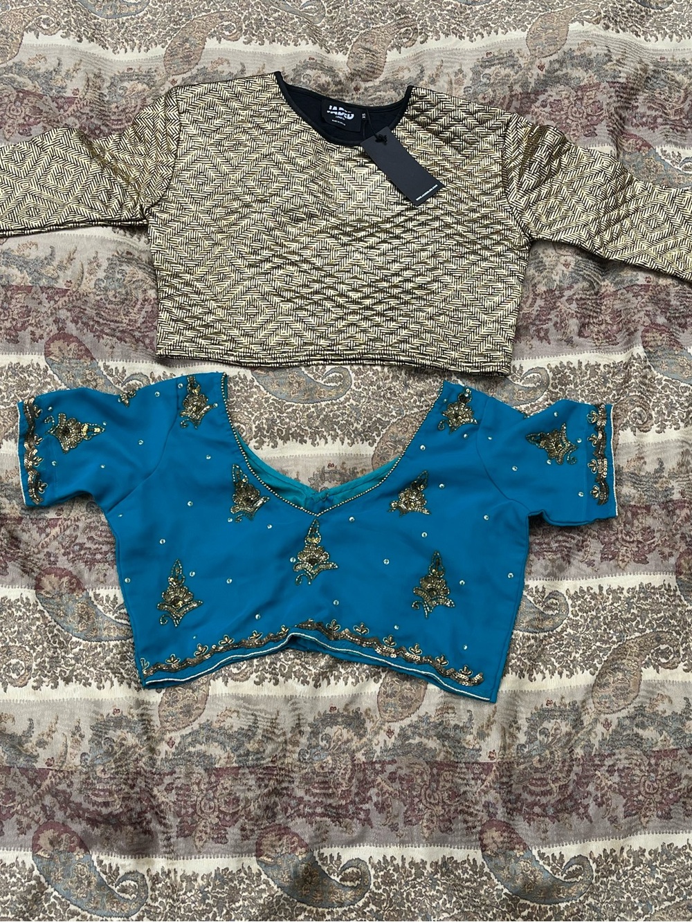 Jaded London Teal Embellished V-Neck Crop Top with Gold Accents